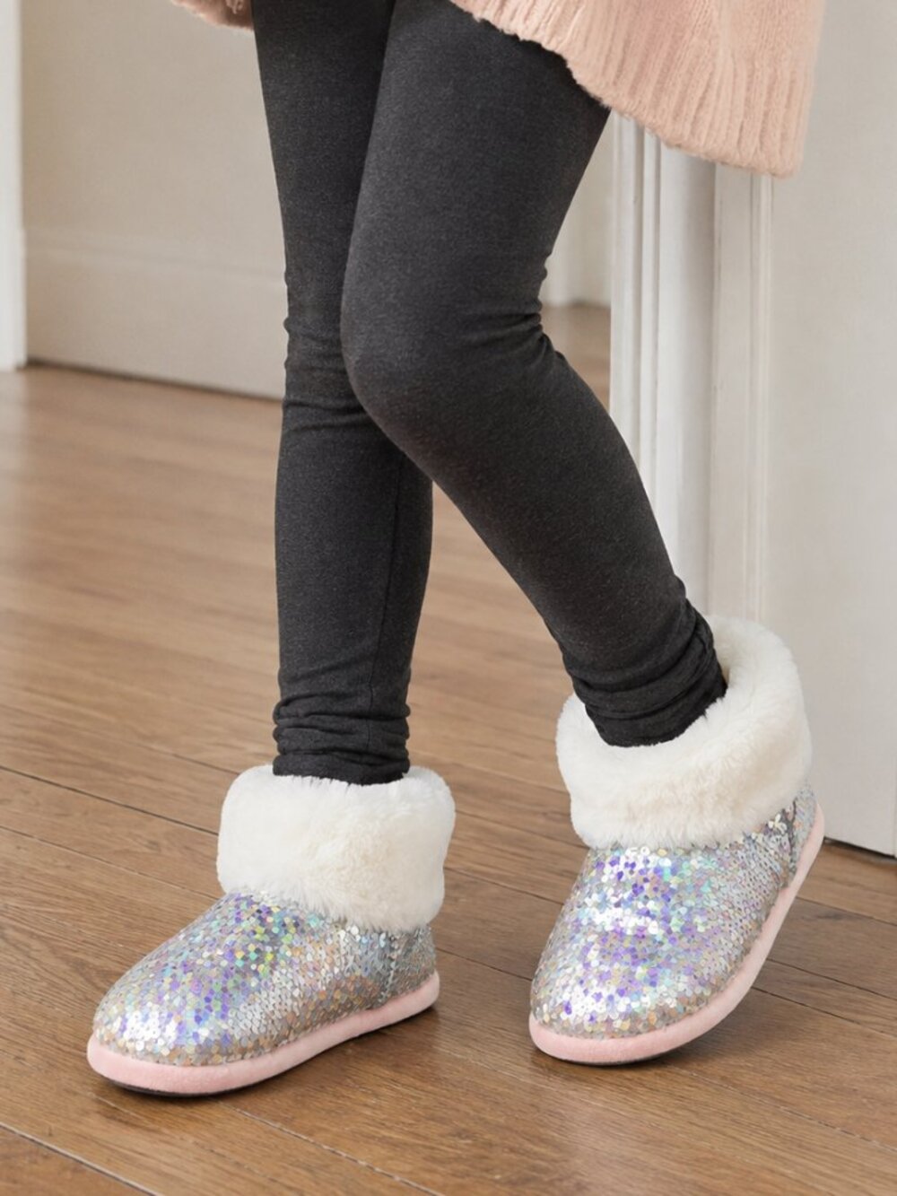 Girls Silver White Booties with Sequins, Warm Sparkly Slippers, Great Gift NWT